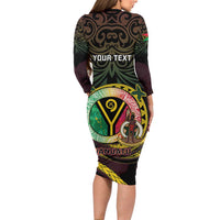Personalised Vanuatu Long Sleeve Bodycon Dress Yumi 46th Hapi Independens Dei - Black Version LT14 - Polynesian Pride