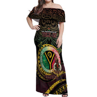 Personalised Vanuatu Off Shoulder Maxi Dress Yumi 45th Hapi Independens Dei - Black Version LT14 Women Black - Polynesian Pride