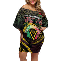 Personalised Vanuatu Off Shoulder Short Dress Yumi 45th Hapi Independens Dei - Black Version LT14 Women Black - Polynesian Pride