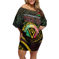 Personalised Vanuatu Off Shoulder Short Dress Yumi 46th Hapi Independens Dei - Black Version LT14 Women Black - Polynesian Pride