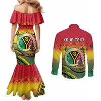 Personalised Vanuatu Couples Matching Mermaid Dress and Long Sleeve Button Shirt Yumi 45th Hapi Independens Dei - Reggae Version LT14 - Polynesian Pride