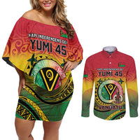 Personalised Vanuatu Couples Matching Off Shoulder Short Dress and Long Sleeve Button Shirt Yumi 45th Hapi Independens Dei - Reggae Version LT14 Reggae - Polynesian Pride