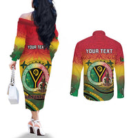 Personalised Vanuatu Couples Matching Off The Shoulder Long Sleeve Dress and Long Sleeve Button Shirt Yumi 45th Hapi Independens Dei - Reggae Version LT14 - Polynesian Pride
