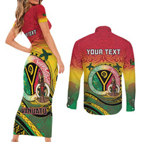 Personalised Vanuatu Couples Matching Short Sleeve Bodycon Dress and Long Sleeve Button Shirt Yumi 45th Hapi Independens Dei - Reggae Version LT14 - Polynesian Pride