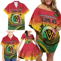 Personalised Vanuatu Family Matching Off Shoulder Short Dress and Hawaiian Shirt Yumi 45th Hapi Independens Dei - Reggae Version LT14 - Polynesian Pride