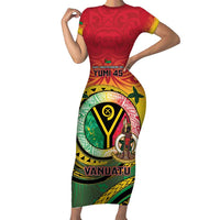 Personalised Vanuatu Short Sleeve Bodycon Dress Yumi 46th Hapi Independens Dei - Reggae Version LT14 Long Dress Reggae - Polynesian Pride