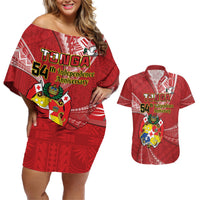 Personalised Tonga Independence Day Couples Matching Off Shoulder Short Dress and Hawaiian Shirt Happy 54th Independence Anniversary Ngatu Pattern LT14 Red - Polynesian Pride