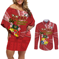 Personalised Tonga Independence Day Couples Matching Off Shoulder Short Dress and Long Sleeve Button Shirt Happy 54th Independence Anniversary Ngatu Pattern LT14 Red - Polynesian Pride