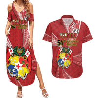 Personalised Tonga Independence Day Couples Matching Summer Maxi Dress and Hawaiian Shirt Happy 54th Independence Anniversary Ngatu Pattern LT14 Red - Polynesian Pride