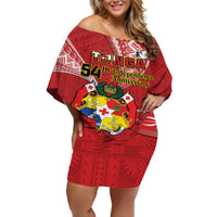 Personalised Tonga Independence Day Off Shoulder Short Dress Happy 54th Independence Anniversary Ngatu Pattern LT14 Women Red - Polynesian Pride