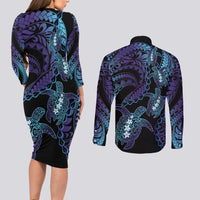 Polynesia Sea Turtle Day Couples Matching Long Sleeve Bodycon Dress and Long Sleeve Button Shirt Tribal Honu Plumeria Polynesian Pattern LT14 - Polynesian Pride