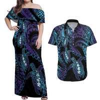 Polynesia Sea Turtle Day Couples Matching Off Shoulder Maxi Dress and Hawaiian Shirt Tribal Honu Plumeria Polynesian Pattern LT14 Purple - Polynesian Pride