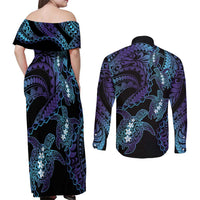 Polynesia Sea Turtle Day Couples Matching Off Shoulder Maxi Dress and Long Sleeve Button Shirt Tribal Honu Plumeria Polynesian Pattern LT14 - Polynesian Pride