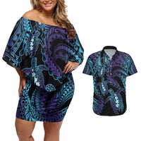 Polynesia Sea Turtle Day Couples Matching Off Shoulder Short Dress and Hawaiian Shirt Tribal Honu Plumeria Polynesian Pattern LT14 Purple - Polynesian Pride