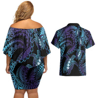 Polynesia Sea Turtle Day Couples Matching Off Shoulder Short Dress and Hawaiian Shirt Tribal Honu Plumeria Polynesian Pattern LT14 - Polynesian Pride