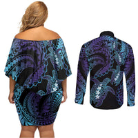 Polynesia Sea Turtle Day Couples Matching Off Shoulder Short Dress and Long Sleeve Button Shirt Tribal Honu Plumeria Polynesian Pattern LT14 - Polynesian Pride