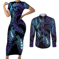 Polynesia Sea Turtle Day Couples Matching Short Sleeve Bodycon Dress and Long Sleeve Button Shirt Tribal Honu Plumeria Polynesian Pattern LT14 Purple - Polynesian Pride