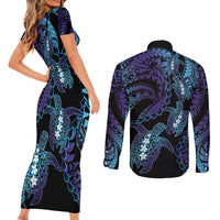 Polynesia Sea Turtle Day Couples Matching Short Sleeve Bodycon Dress and Long Sleeve Button Shirt Tribal Honu Plumeria Polynesian Pattern LT14 - Polynesian Pride