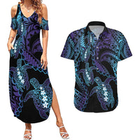 Polynesia Sea Turtle Day Couples Matching Summer Maxi Dress and Hawaiian Shirt Tribal Honu Plumeria Polynesian Pattern LT14 Purple - Polynesian Pride