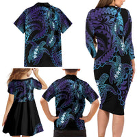 Polynesia Sea Turtle Day Family Matching Long Sleeve Bodycon Dress and Hawaiian Shirt Tribal Honu Plumeria Polynesian Pattern