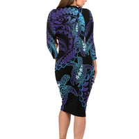 Polynesia Sea Turtle Day Family Matching Long Sleeve Bodycon Dress and Hawaiian Shirt Tribal Honu Plumeria Polynesian Pattern