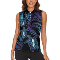 Polynesia Sea Turtle Day Women Sleeveless Polo Shirt Tribal Honu Plumeria Polynesian Pattern