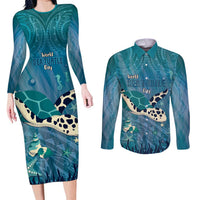 World Sea Turtle Day Polynesia Couples Matching Long Sleeve Bodycon Dress and Long Sleeve Button Shirt Go With The Flow LT14 Cyan - Polynesian Pride