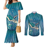 World Sea Turtle Day Polynesia Couples Matching Mermaid Dress and Long Sleeve Button Shirt Go With The Flow LT14 Cyan - Polynesian Pride