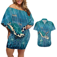 World Sea Turtle Day Polynesia Couples Matching Off Shoulder Short Dress and Hawaiian Shirt Go With The Flow LT14 Cyan - Polynesian Pride