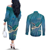 World Sea Turtle Day Polynesia Couples Matching Off The Shoulder Long Sleeve Dress and Long Sleeve Button Shirt Go With The Flow LT14 - Polynesian Pride