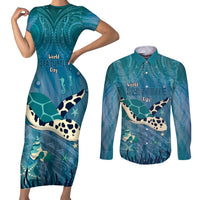 World Sea Turtle Day Polynesia Couples Matching Short Sleeve Bodycon Dress and Long Sleeve Button Shirt Go With The Flow LT14 Cyan - Polynesian Pride