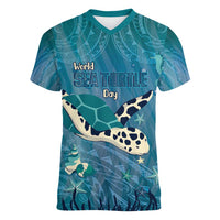 World Sea Turtle Day Polynesia Women V-Neck T-Shirt Go With The Flow LT14 Female Cyan - Polynesian Pride