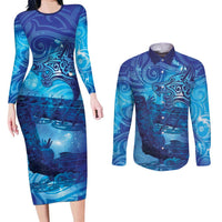 Kuri New Zealand Matariki Couples Matching Long Sleeve Bodycon Dress and Long Sleeve Button Shirt Aotearoa Dog Waka Maori New Year Galaxy Vibes