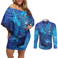 Kuri New Zealand Matariki Couples Matching Off Shoulder Short Dress and Long Sleeve Button Shirt Aotearoa Dog Waka Maori New Year Galaxy Vibes