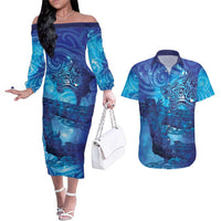 Kuri New Zealand Matariki Couples Matching Off The Shoulder Long Sleeve Dress and Hawaiian Shirt Aotearoa Dog Waka Maori New Year Galaxy Vibes