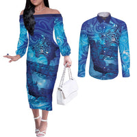 Kuri New Zealand Matariki Couples Matching Off The Shoulder Long Sleeve Dress and Long Sleeve Button Shirt Aotearoa Dog Waka Maori New Year Galaxy Vibes