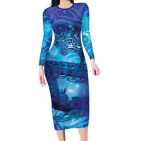 Kuri New Zealand Matariki Long Sleeve Bodycon Dress Aotearoa Dog Waka Maori New Year Galaxy Vibes