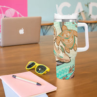 Hawaii Tumbler With Handle Polynesian Shark and Sea Turtle Dreamy Turquoise Artsy