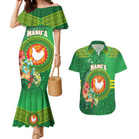 Personalized Manu'a Cession Day Couples Matching Mermaid Dress and Hawaiian Shirt Tropical Flowers With Polynesian Pattern LT14 Green - Polynesian Pride