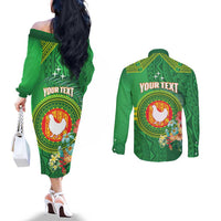 Personalized Manu'a Cession Day Couples Matching Off The Shoulder Long Sleeve Dress and Long Sleeve Button Shirt Tropical Flowers With Polynesian Pattern LT14 - Polynesian Pride