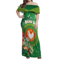 Personalized Manu'a Cession Day Off Shoulder Maxi Dress Tropical Flowers With Polynesian Pattern LT14 Women Green - Polynesian Pride