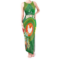 Personalized Manu'a Cession Day Tank Maxi Dress Tropical Flowers With Polynesian Pattern LT14 Women Green - Polynesian Pride