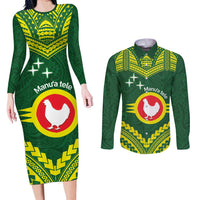 Manu'a Flag Day Couples Matching Long Sleeve Bodycon Dress and Long Sleeve Button Shirt Polynesian Pattern National Color Proud LT14 Green - Polynesian Pride