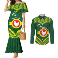 Manu'a Flag Day Couples Matching Mermaid Dress and Long Sleeve Button Shirt Polynesian Pattern National Color Proud LT14 Green - Polynesian Pride