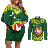 Manu'a Flag Day Couples Matching Off Shoulder Short Dress and Long Sleeve Button Shirt Polynesian Pattern National Color Proud LT14 Green - Polynesian Pride