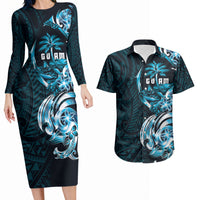 Asut Guam Chamorro Couples Matching Long Sleeve Bodycon Dress and Hawaiian Shirt Guahan Seal Tattoo LT14 Blue - Polynesian Pride