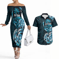Asut Guam Chamorro Couples Matching Off The Shoulder Long Sleeve Dress and Hawaiian Shirt Guahan Seal Tattoo LT14 Blue - Polynesian Pride