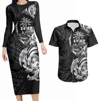 Attelong Guam Chamorro Couples Matching Long Sleeve Bodycon Dress and Hawaiian Shirt Guahan Seal Tattoo LT14 Black - Polynesian Pride