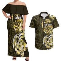 Amariyu Guam Chamorro Couples Matching Off Shoulder Maxi Dress and Hawaiian Shirt Guahan Seal Tattoo LT14 Yellow - Polynesian Pride