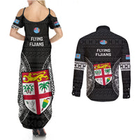 Fiji Rugby Couples Matching Summer Maxi Dress and Long Sleeve Button Shirts 2023 Fijian Tapa Pattern World Cup Black LT14 - Polynesian Pride
